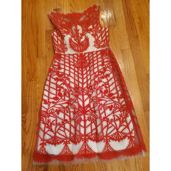 Anthropoligie Dress by Geisha Designs Red Embroidered Mesh Overlay Sleeveless 4 - Picture 9 of 11